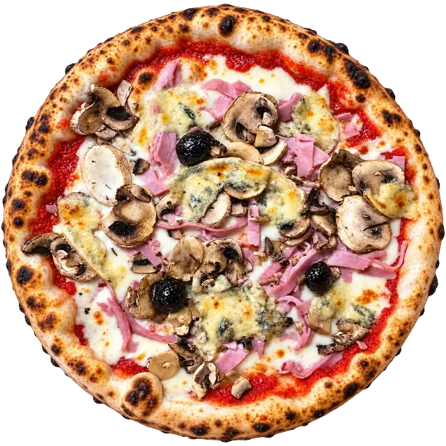 Pizza Forézienne : jambon, champignons frais, fourme de Montbrison, mozzarella et olives