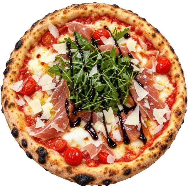Pizza Parma : jambon de Parme, roquette, tomates cerises et copeaux de grana padano